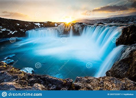 Godafoss Waterfall During Winter At Sunset North Iceland Stock Image