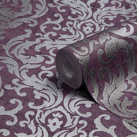 York designer series, schumacher, cole & son, magnolia home Graham & Brown Drama Purple Damask Metallic Wallpaper ...