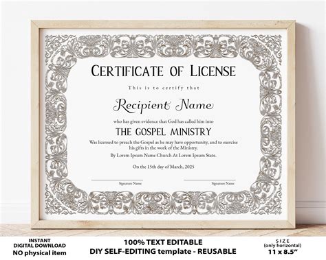 editable certificate of license printable license to preach template minister s license