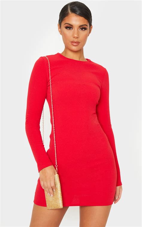 Red Long Sleeve Bodycon Dress Dresses Prettylittlething Aus