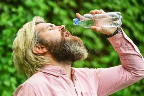 Water Balance Man Bearded Tourist Drinking Water Plastic Bottle Nature