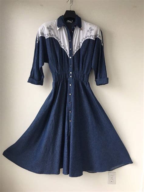 Western Denim Dress Full Skirted Ankle Length Blue Jean Dress Etsy