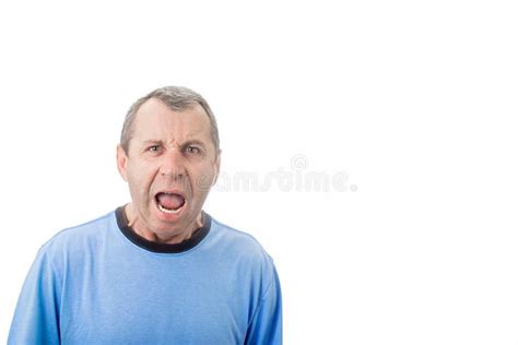 Angry Grumpy Middle Aged Man With Open Mouth Screaming Yelling Isolated White Background