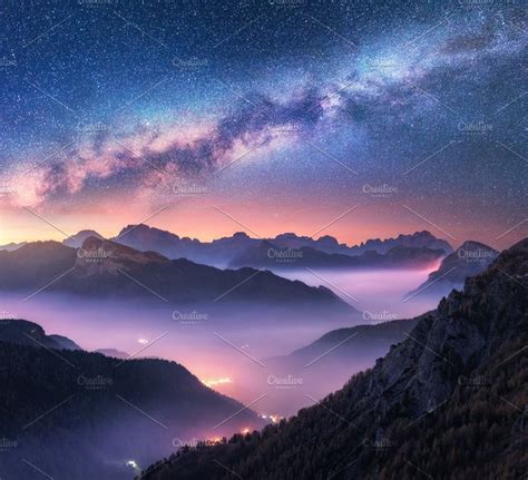 Milky Way Over Mountains In Fog Featuring Milky Way Star And Starry Milky Way Milky Way