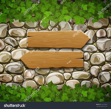 Stone Wall Two Wooden Arrows Leaves Stock Vector Royalty Free 166779449