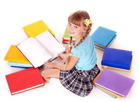 Child With Pile Of Books Reading On Floor Stock Photo Image Of