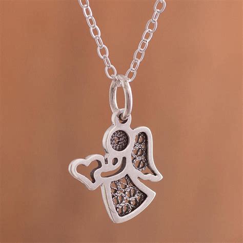 Sterling Silver Angel Pendant Necklace With Oxidized Filigre Love And Grace NOVICA