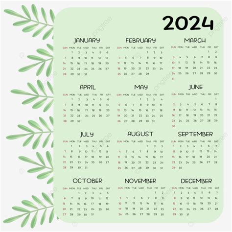 Daun Hijau Kalender 2024 2024 Kalender Dapat Dicetak Png Transparan