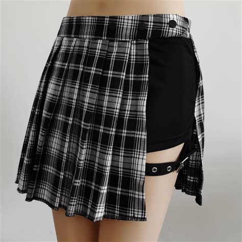 black asymmetrical high waist skirt summer harajuku punk style plaid irregular skirts leisure