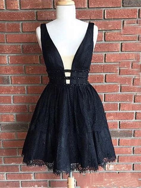 A Line V Neck Short Black Lace Prom Dresses Short Black Lace Formal H