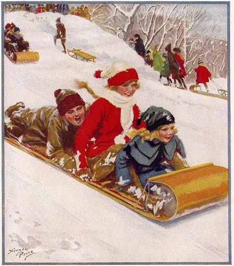 1920s Print Winter Snow Scene Children Toboggan Sled Vintage