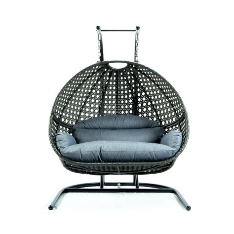 LeisureMod Modern Gray Wicker / Rattan Hanging Double Egg Swing Chair