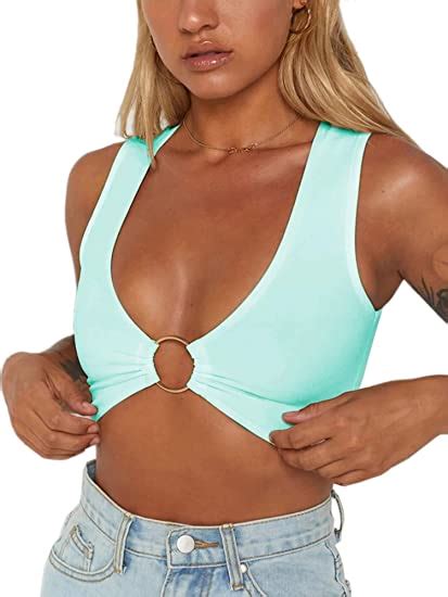 Crop Tops Für Frauen Tiefer Ausschnitt Crop Top Mit Goldenem Ring Mittelstück Blau X Klein