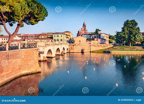 Rimini Old Town And Tiberius Bridge Stock Photo