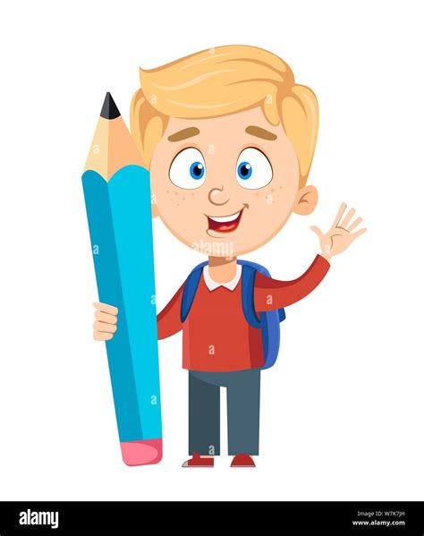 Back To School Cute Schoolboy With Rucksack Holding Big Pencil Funny
