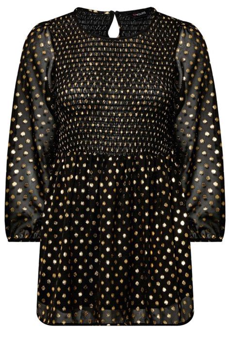 Plus Size Black And Gold Metallic Spot Print Shirred Peplum Top Yours