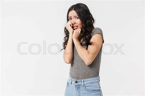 Image Of Shocked Brunette Woman S Dressed In Basic Clothes Grabbing