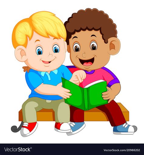 Two Boys Reading Book On Bench Royalty Free Vector Image