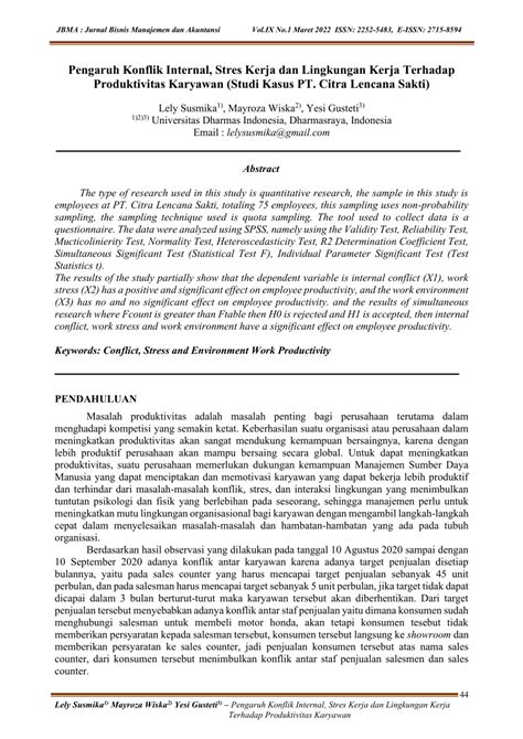 PDF Pengaruh Konflik Internal Stres Kerja Dan Lingkungan Kerja