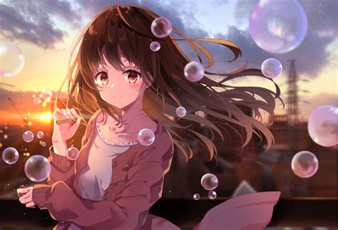 Tapety Anime Dívky Původní Znaky Západ Slunce Bubliny 1500x1023