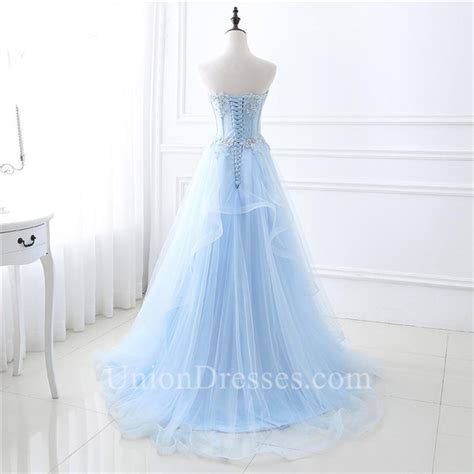 A Line Sweetheart Corset Light Blue Tulle Ruffle Applique Beaded Prom Dress