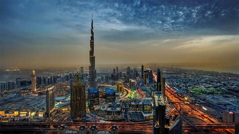 Desktop Wallpaper Burj Khalifa Dubai City Night Buildings Aerial