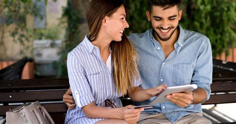 Couple In Love Shopping Online Using Tablet Stock Photo Image Of