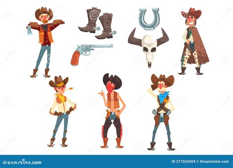Wild West Cowboys Character And Accessories Set Cartoon Vector