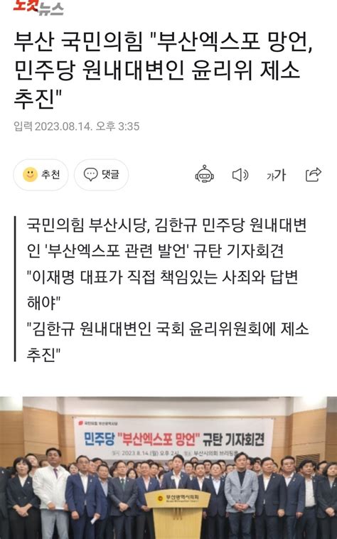 부산 국민의힘 부산엑스포 망언 민주당 원내대변인 윤리위 제소 추진 정치시사 에펨코리아