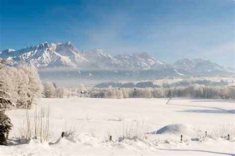 Austrian Winter Wonderland With Mountains Fresh Snow And Haze Stock