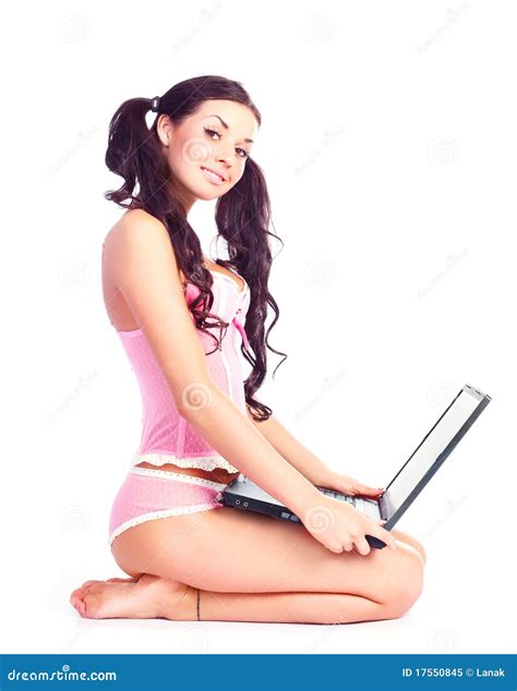 Girl With A Laptop Stock Image Image Of Barefoot Hips 17550845
