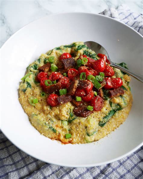 Polenta Corn Grits With Tempeh Spinach And Tomatoes Recipe Vegan