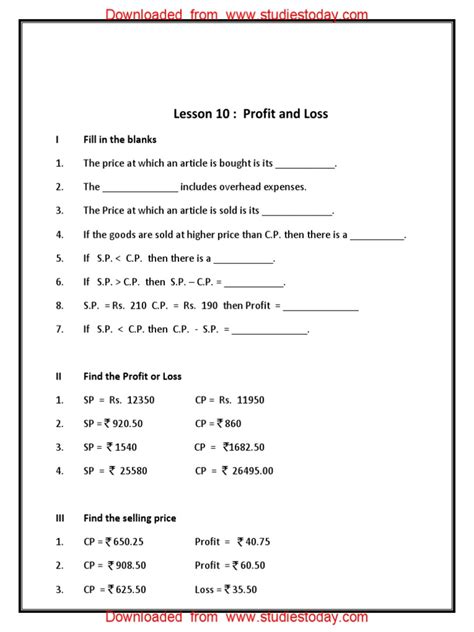 Cbse Class 5 Mathematics Worksheet Profit And Loss Pdf