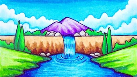 How To Draw Easy Scenery Drawing Waterfall Scenery Step By Step With