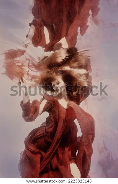 Girl Red Dress Underwater Emotional Portrait Stock Photo 2223825143