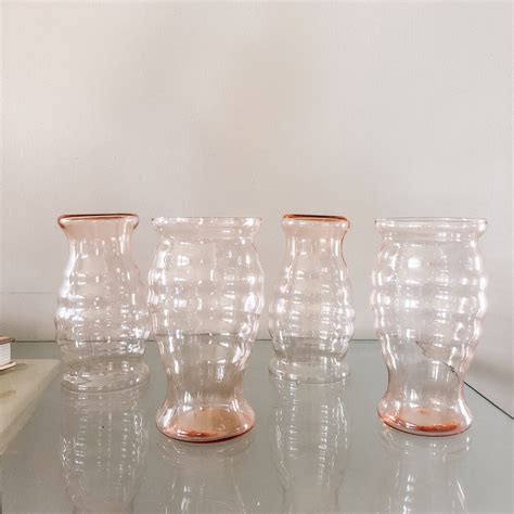 Vintage Pink Bubble Glass Cups 4 Light Green Pink Drinking Glasses Retro Green Bubble Glasses