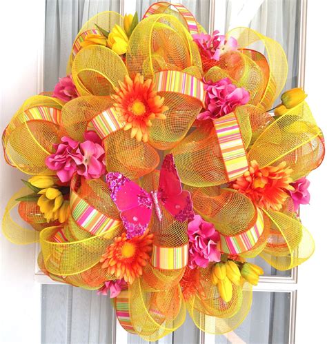 Once dry, attach foliage to the bottom of the wreath with ribbon and a decorative bow in complementary. mesh wreaths | Mesh Wreath Spring Summer Orange Lime Pink ...