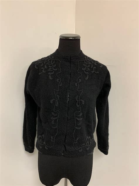 1950s Hand Beaded Black Lambswool Sweater Gem