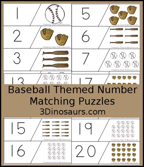 Hands On Counting With Baseball Number Matching Puzzles 3 Dinosaurs
