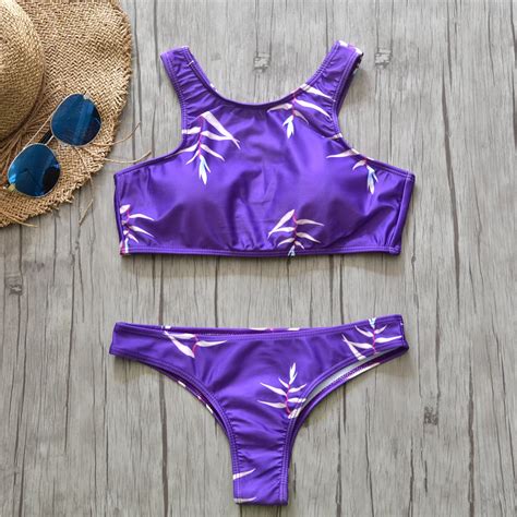 Sexy High Neck Bikini 2019 Swimwear Women Swimsuit Print Purple Lace Up