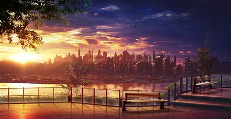 Wallpaper Anime Cityscape Scenic Sunset Skyline Skyscrapers