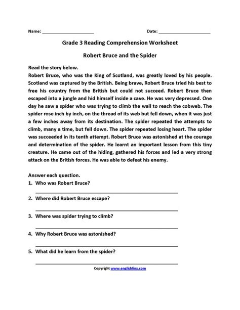 Feel free to use our free sample lesson with your students to get a better idea of the content and difficulty you'll find at grade 9 with a lexile level range. Spider Reading Comprehension Worksheet and Robert Bruce And Spider Third Grade Reading ...