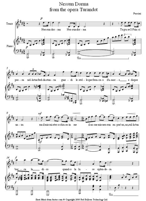 'nessun dorma' an aria from puccini's turandot became an overnight sensation in 1990 thanks to the bbc. Puccini - Nessun Dorma from Turandot sheet music for Voice - 8notes.com
