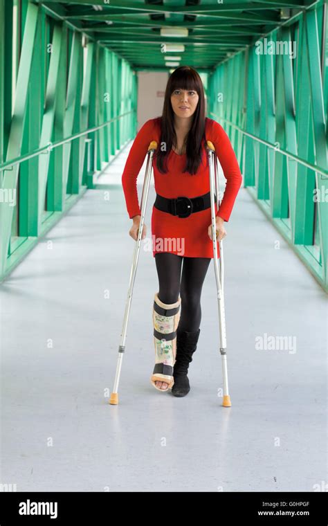 Woman With Leg Cast And Crutches In Hospital Stock Photo Alamy