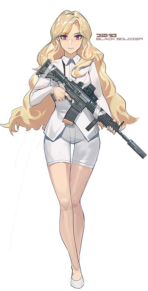 safebooru 1girl absurdres assault rifle bangs black soldier blonde hair closed mouth forehead