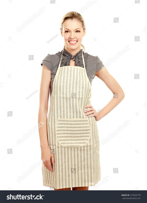 Beautiful Happy Young Woman Wearing Kitchen Apron Isolated On White