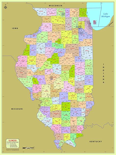Illinois County With Zip Code Map 36 W X 48 H Amazonca Office