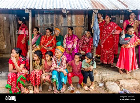 Gorkha Nepal June 25 2019 Nepali Women With Traditional Attire During Wedding Ceremony In