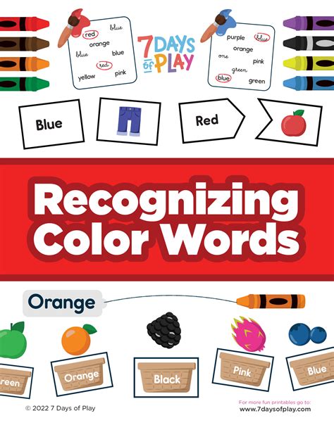 Recognizing Color Words Printable For Kids 7 Days Of Play
