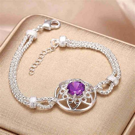 Fashion 925sterling Solid Silver Jewelry Crystal Purple Bracelet For